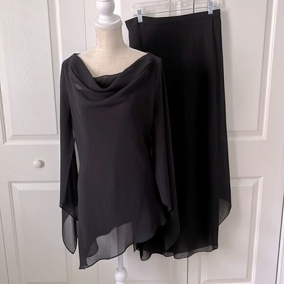 Jeffrey & Sara Evening By Tom Barra 2-Pc Black Sheer Wide Leg Skirt /Top Overlay - Picture 1 of 13